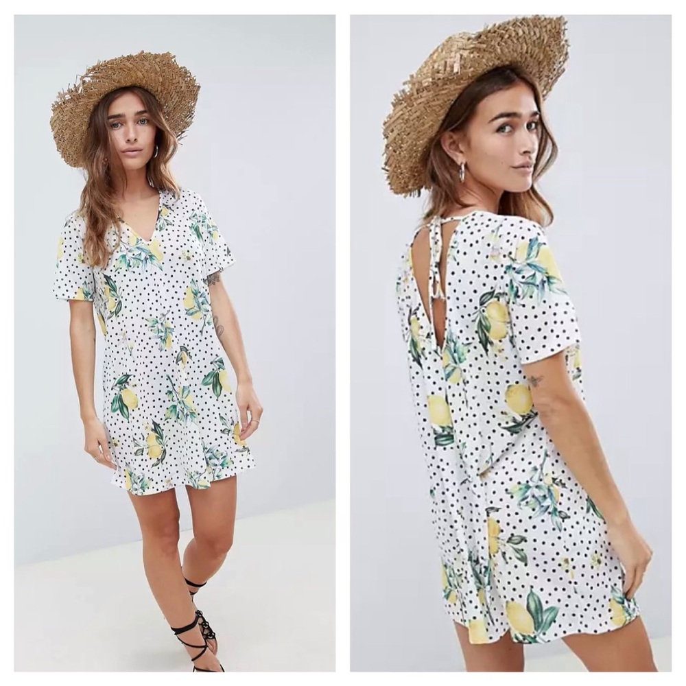 ASOS Petite Lemon Conversational Print V-Neck Swing Polka Dot Dress Sz 0 Boho
